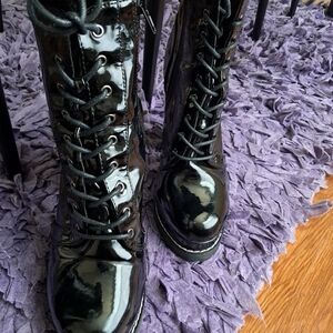 Black Patent Leather Lace-Up Boots